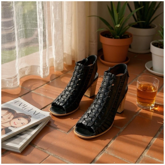 Paul Green Black Leather Woven Peep Toe Slingback Heels Size US 7.5 and EU 5 - Picture 3 of 11